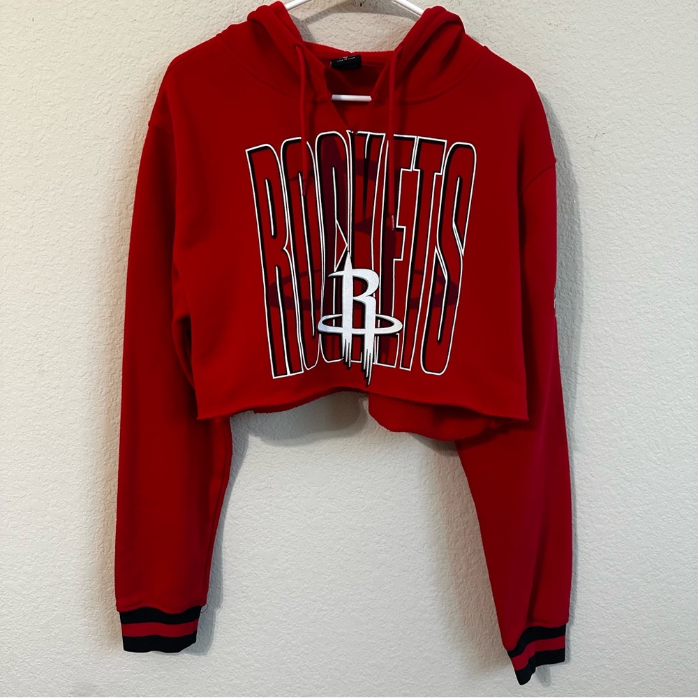 NBA Rockets Cropped Hoodie Red Long Sleeve Hooded Sweatshirt Logo Basketball
